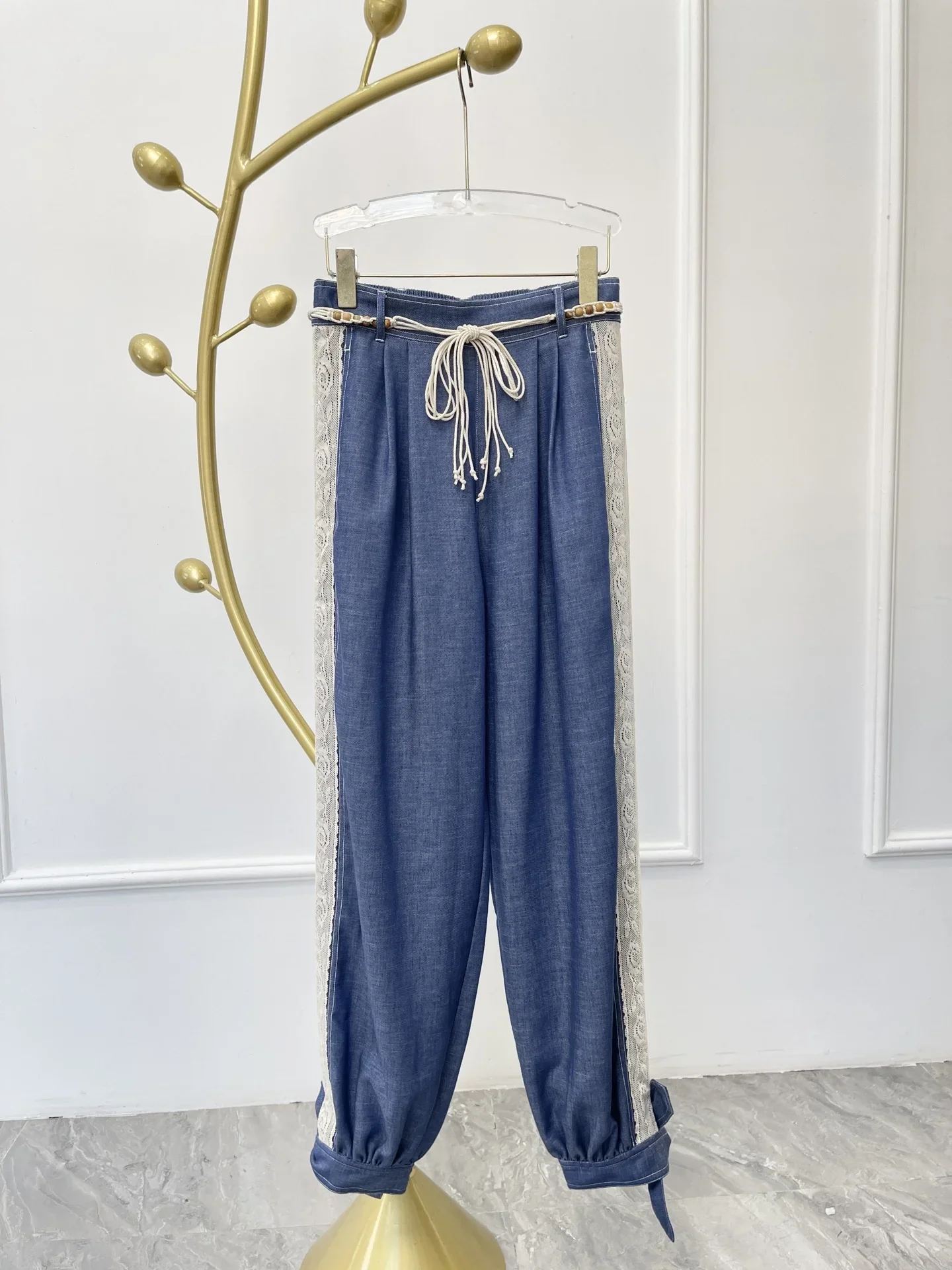 

Cotton Blue Lace Long Sleeve Blouse Short Pants Set Women