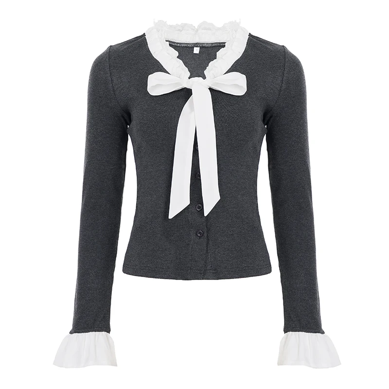 Französisch Stil Spitze Trim Bogen T-Shirt Beiläufige Dünne Tiefem V-ausschnitt Langarm T-shirts Frauen 2025, Herbst Frühling Mode Streetwear Damen