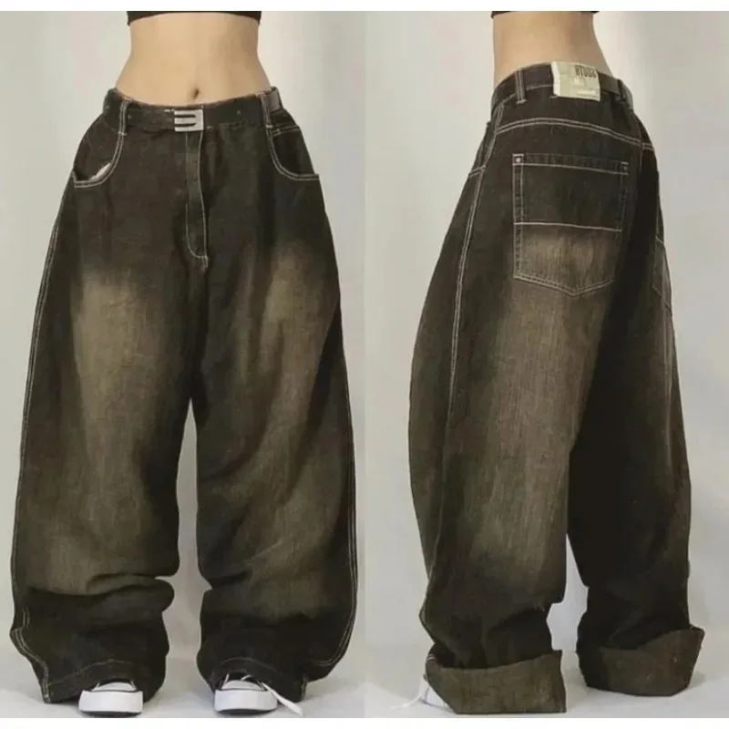 2024 baru modis populer abu-abu dicuci berlebihan longgar Jeans Y2K Jalan Vintage Hip-hop Punk gaya pinggang tinggi celana kaki lebar