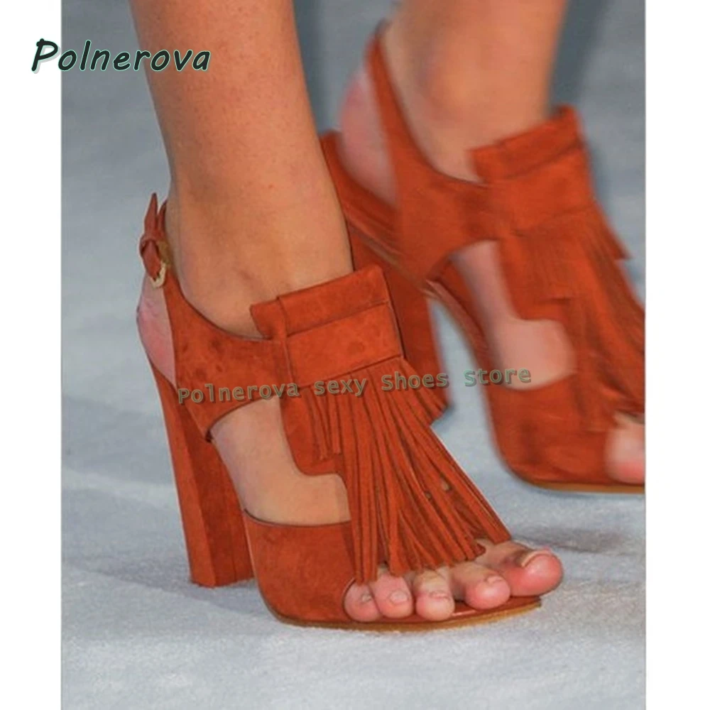 Fringe Ankle Strap Fashion Sandals Open Toe Block Heels Slingback Mixed Colors Women Sexy Runway Show Shoes 2026 Summer Trend