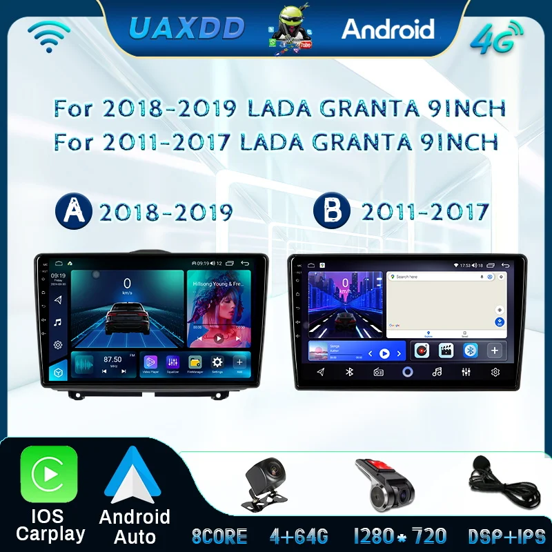 Android 2 Din Radio For LADA GRANTA 2011-2019 Multimedia Video Player Navigation GPS Carplay Auto Stereo microphone Screen 9inch