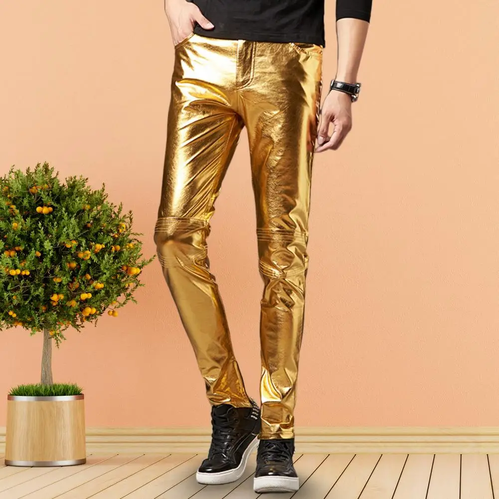 Men Trousers  Solid Color   Men Motorcycle Pants Smooth Surface Slim Fit Pencil Trousers