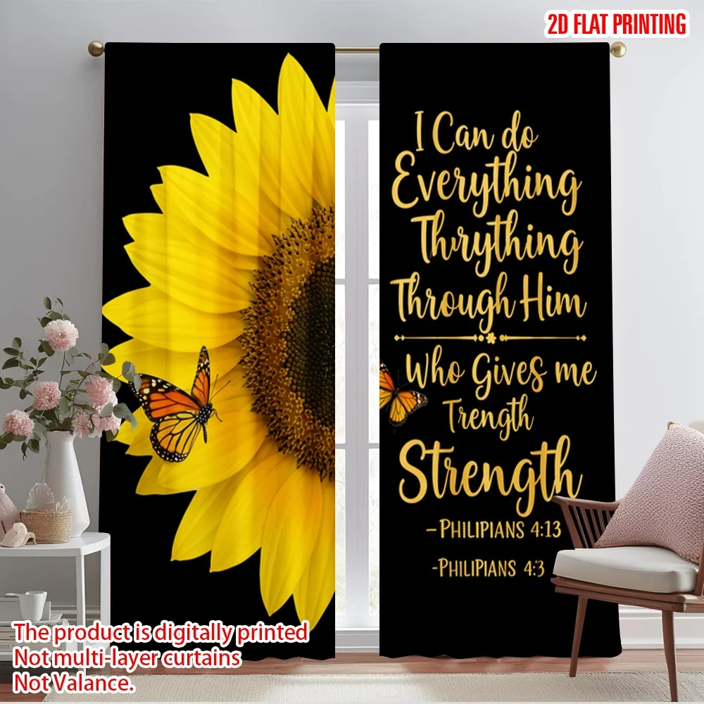 

2pcs 2D flat printing Party Window Curtains Sunflower Butterfly Strength Scripture Polyester Without Electricity Festive Wall