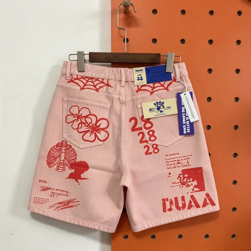 Vinatge Washed Worn Sunset PINK DUAA Denim Shorts Red Rhinestone Ribbon Heart Shape Graffiti Spider Web Short Jeans Men Women