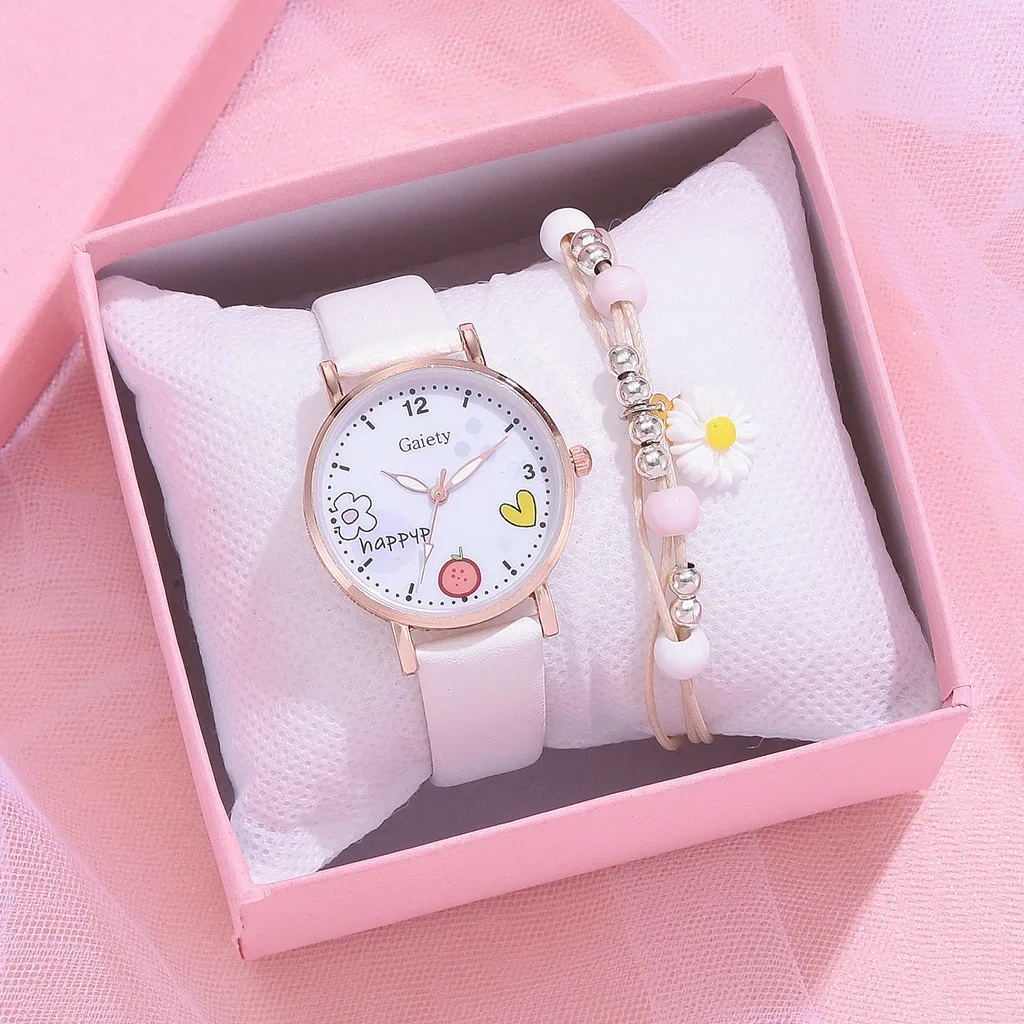 

Kids Watches Pink Cute Children's Wristwatch Cartoon Pattern Quartz Watch Set for Girls Fashion Students' Clock Relogio Feminino