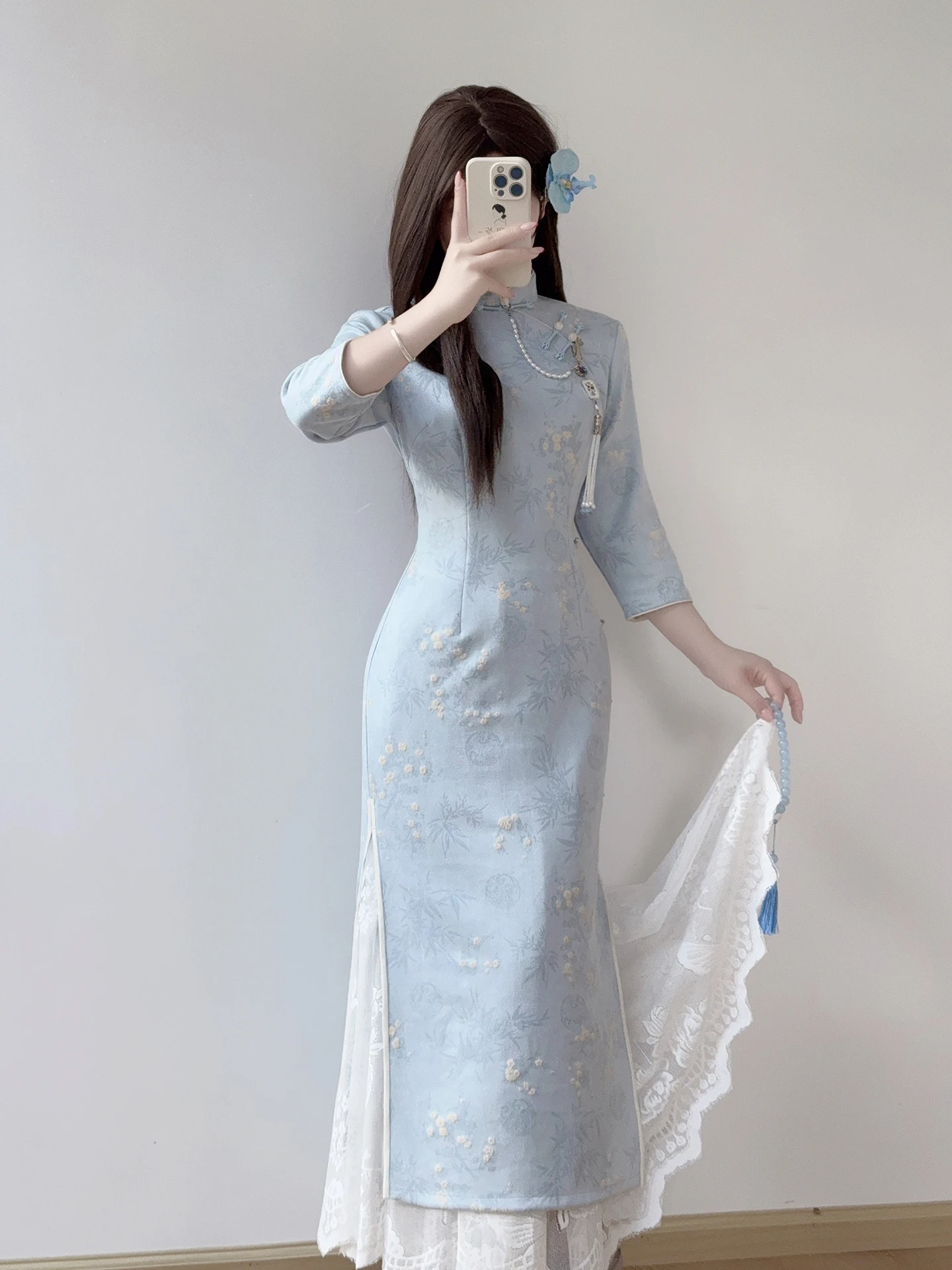 

Ting Yue Ling Qipao Ele Young Sle Slimming Blue Dr Chinese Faion Daily Women's Clothing Mid-Length
