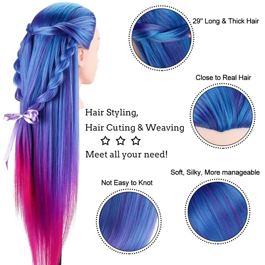 29 رأس عارضة أزياء مع 100 ألياف صناعية لتدريب مستحضرات التجميل: رأس ممارسة تصفيف الشعر الواقعي والتضفير مع Cla