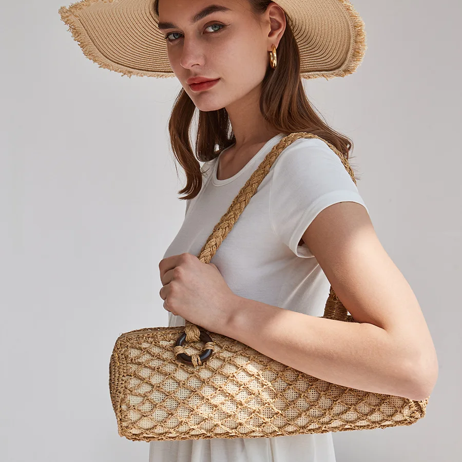 Bolso de hombro largo con asa superior para mujer, bolsa de mano para playa y vacaciones, con forma de tronco, réplica Lux, verano, 2023