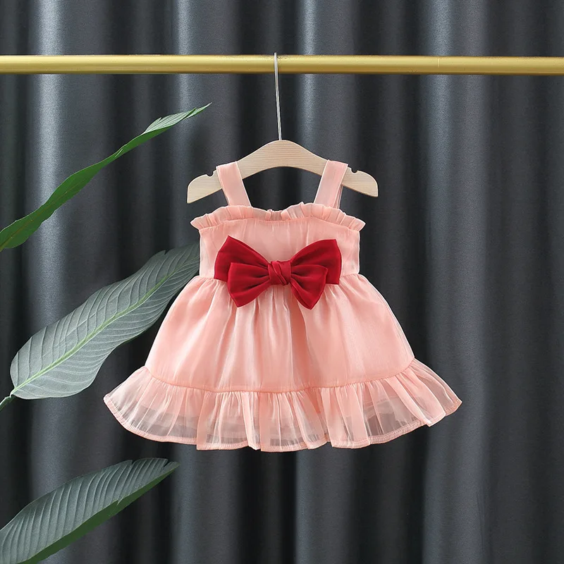 Girl\'s Summer Dress Sweet Hanging Strap Solid Color Big Bow Dress Suitable for Children Aged 80-110