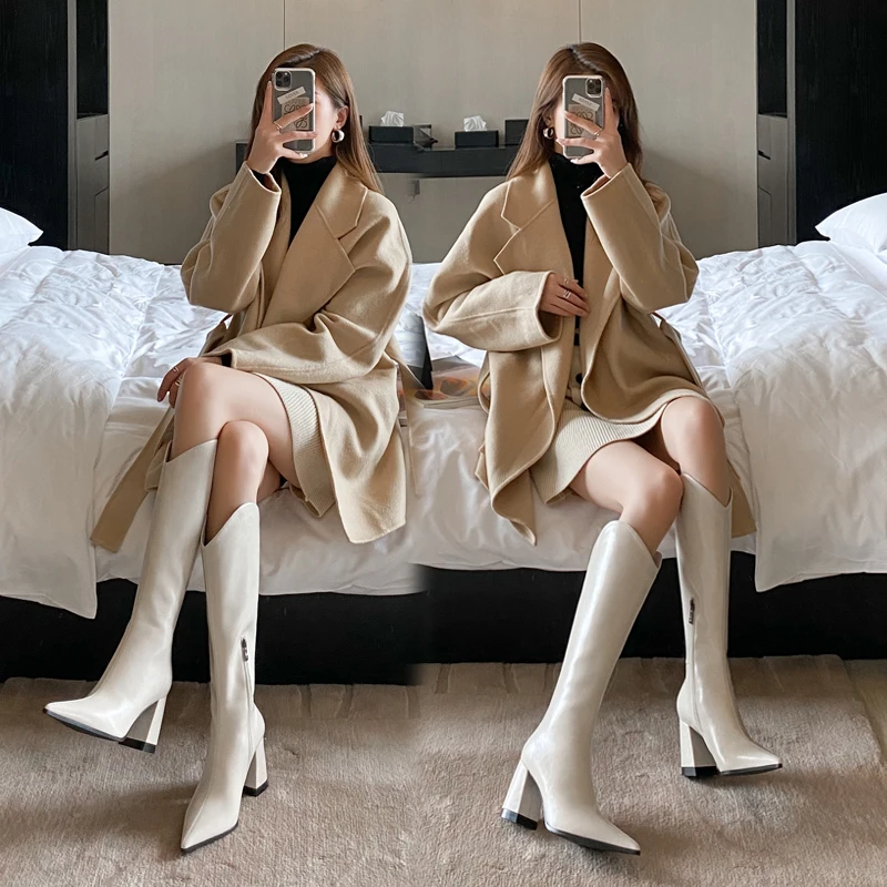 2021 New INS Women Beige High Heels Long Boots Lady Riding Boots Autumn Winter Designer Pointed Toe Knee-High Boots