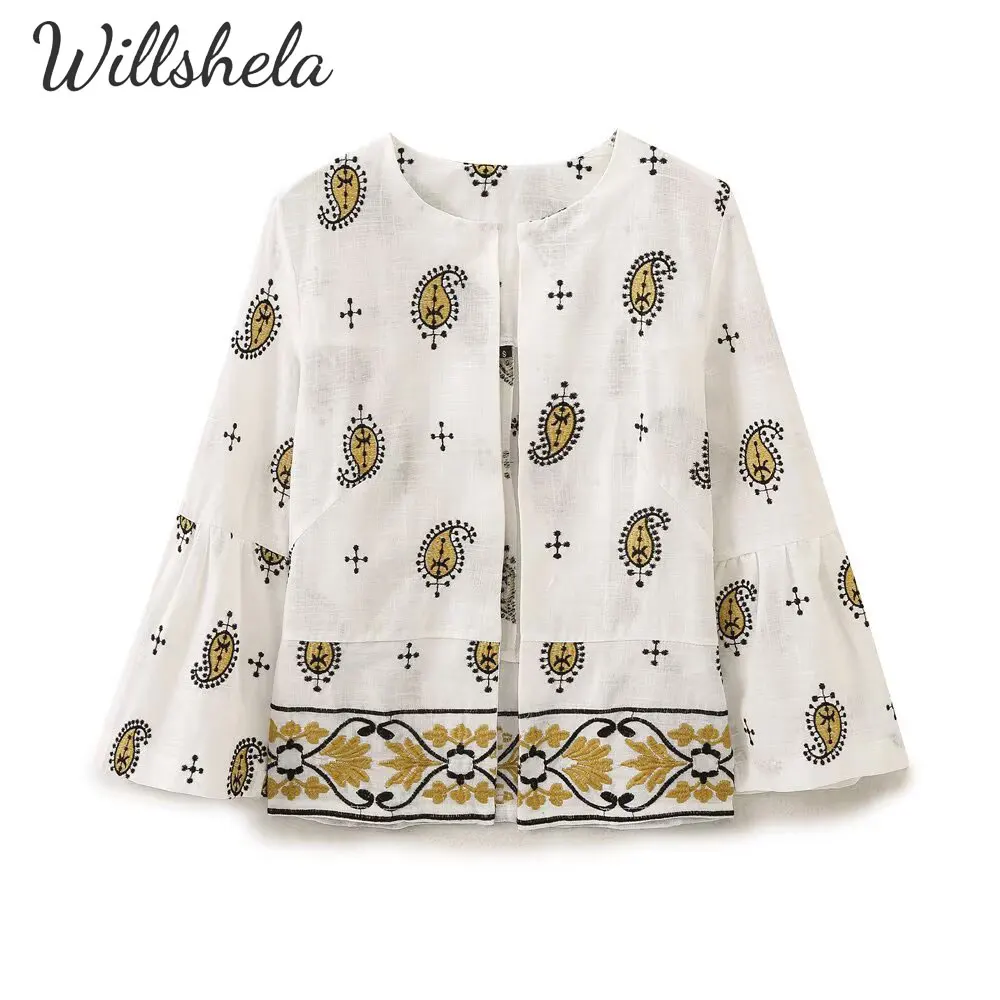

Willshela женская модная хлопковая рубашка с вышивкой, круглый вырез, длинные рукава, женские шикарные женские повседневные винтажные топы, блузка