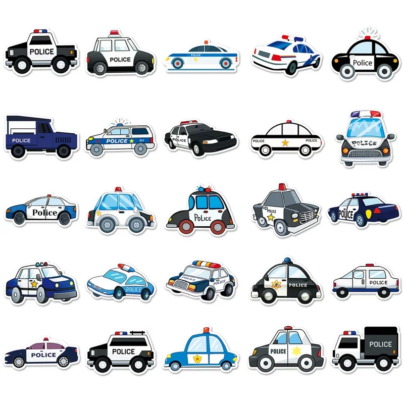 10/25/50pcs Cartoon Police Stickers Graffiti for Toy Car DIY Boys Girls Gift Teaching Learning Wall Decals Luggage Bike