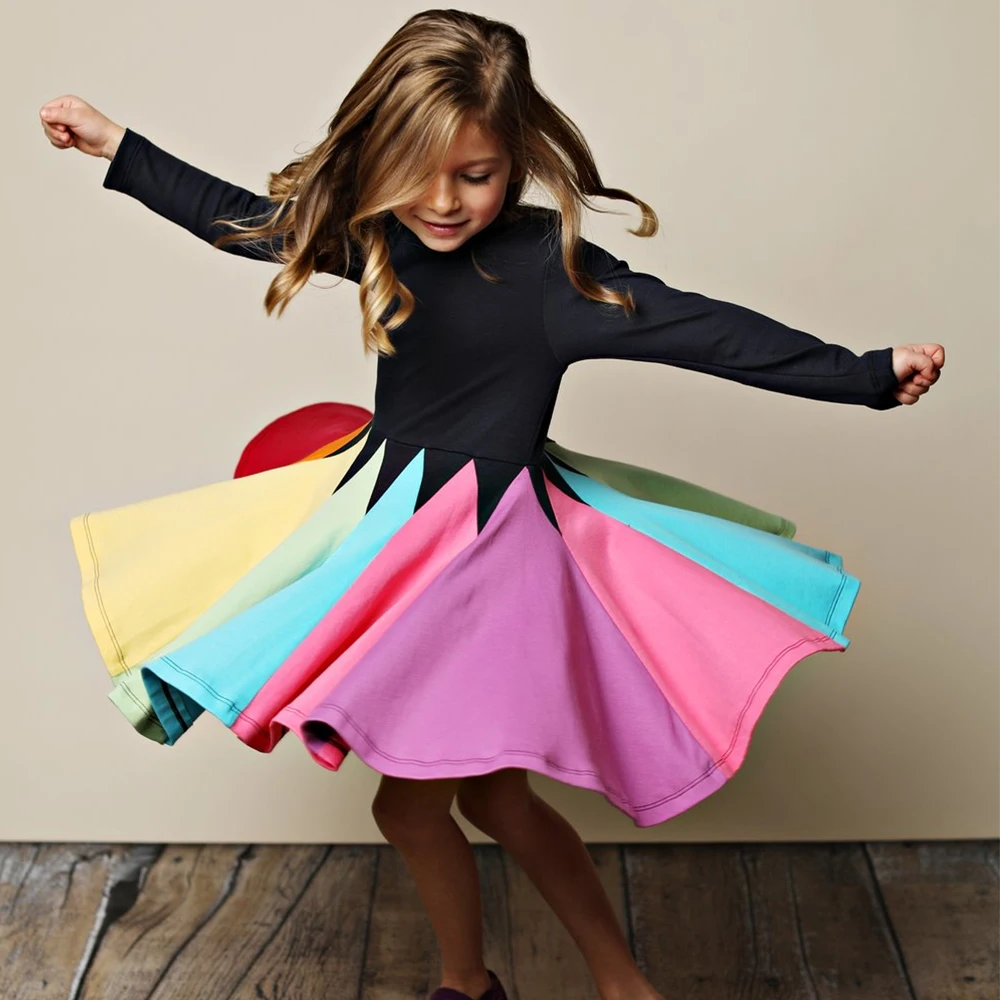 Autumn Girls Dresses Baby Children Cotton Long Sleeve Round Neck Color Matching Rainbow Skirt Kids Clothes Girl Princess Dress