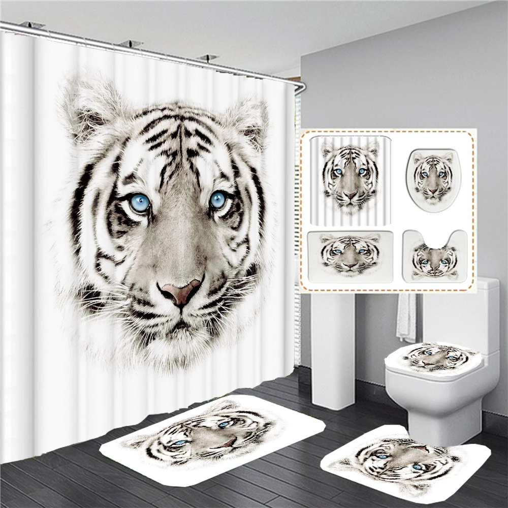 Lion Leopard and Tiger Animals 3D Printed Shower Curtains Bathroom Curtain Set Toilet Lid Cover Black Animal Bath Mat Rugs