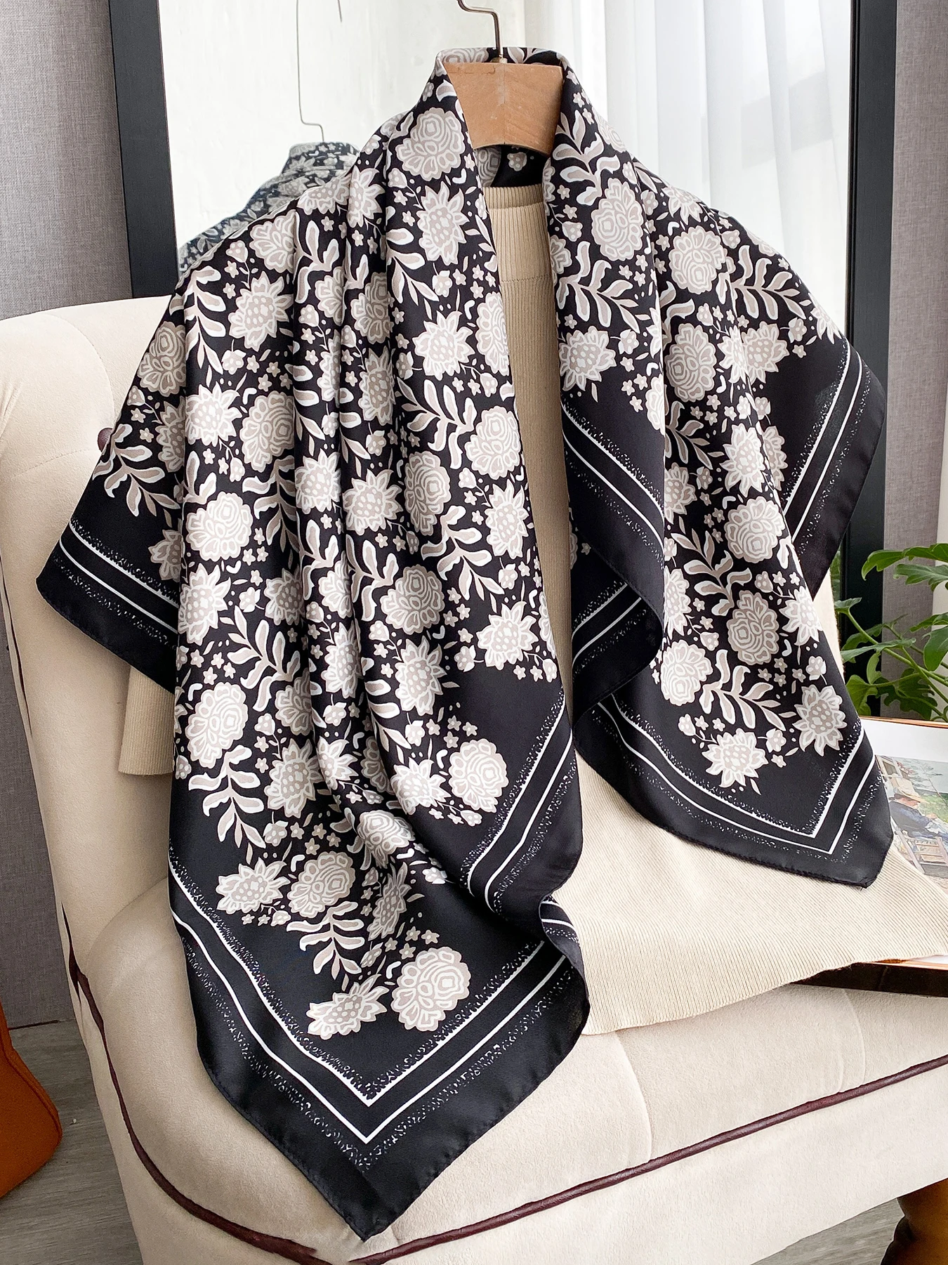 

Fashion New Floral Printed Flower Women Scarf 90cm Large Square Scarves Twill Silk Headscarf Shawl HIjab Muslim