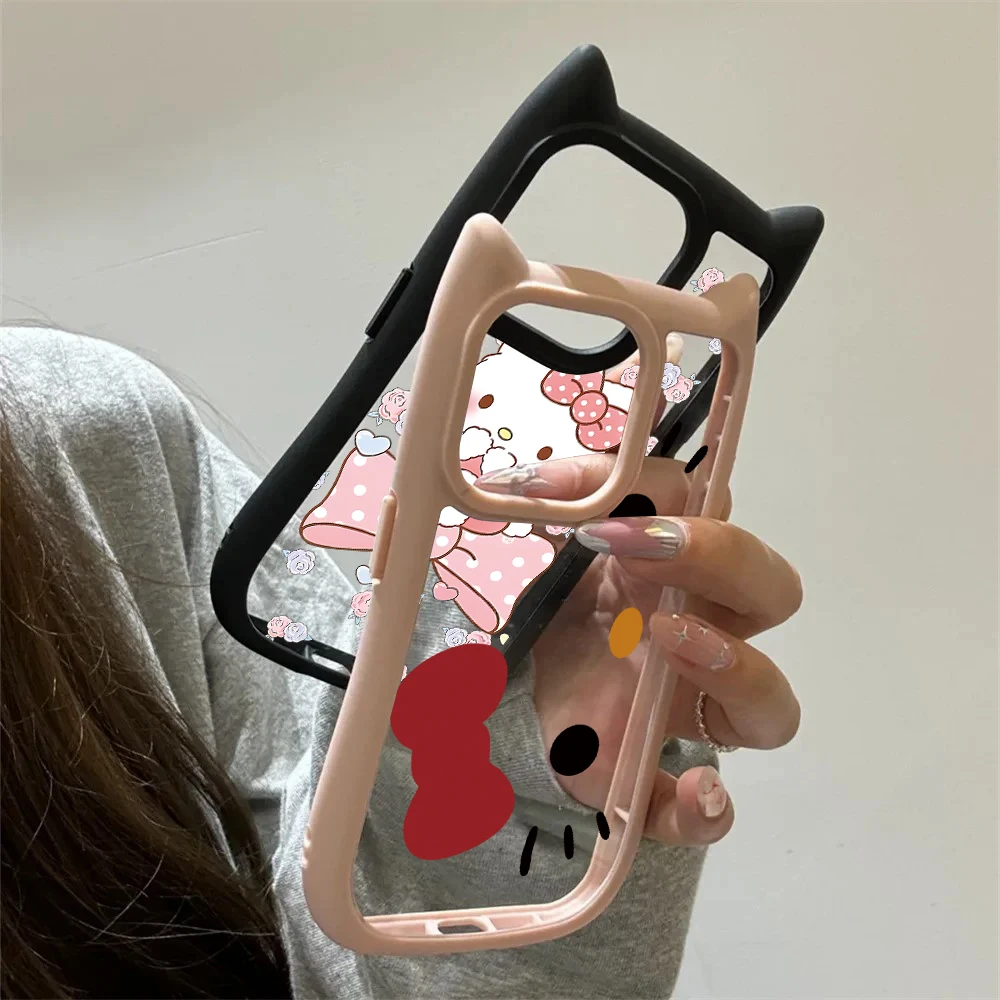 Hello Kitty Cute Cat Ear Phone Case For iPhone 15 14 13 12 11 Pro Max Transparent Shockproof Hard Acrylic Soft Silicone Bumper