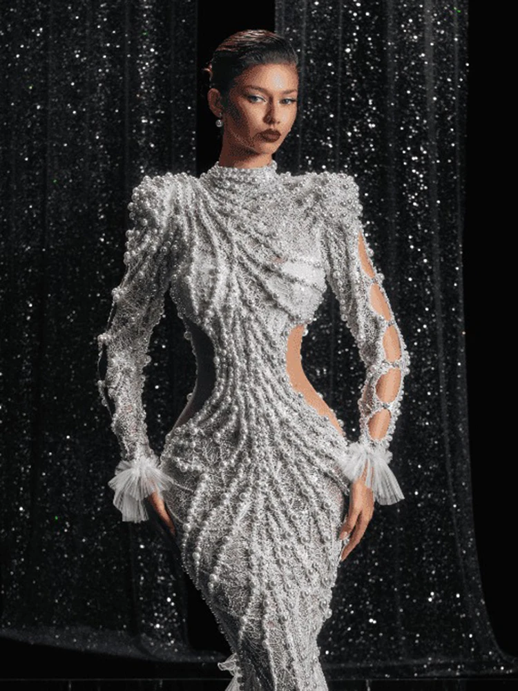 Luxury Beaded Pearl Mermaid Wedding Dress High Neck Long Sleeve Cutout Waist Tulle Train Bridal Gown Sparkly Lace Evening Dress