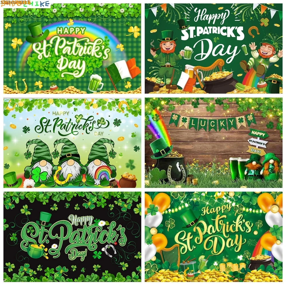 

Happy St. Patrick's Day Photography Backdrops Green Lucky Irish Shamrock Pot of Gold Coins for Holiday Party Background UY-01