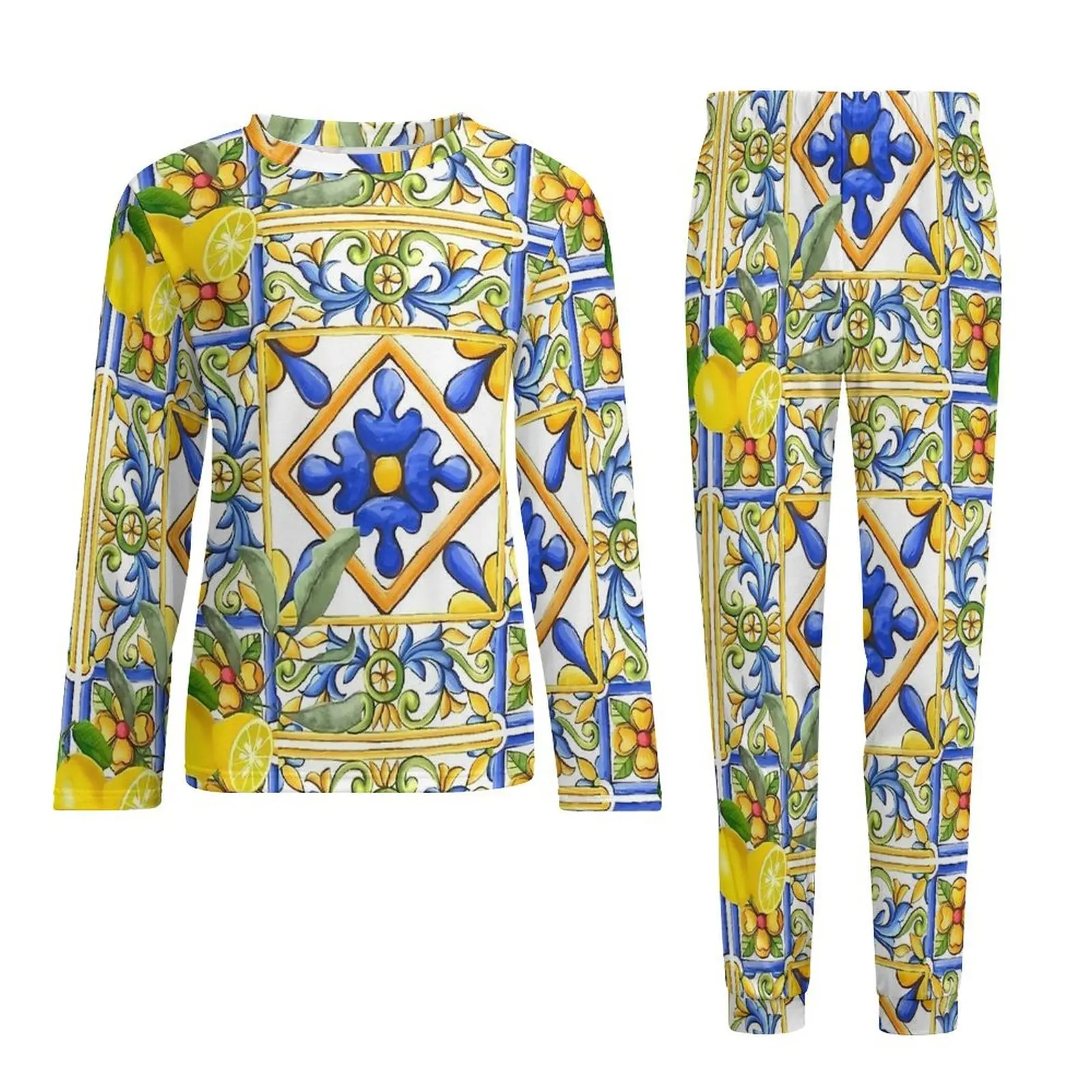 Majolica-Pijama de limón para hombre, ropa de dormir con azulejos y flores cítricas, ropa de dormir de invierno de manga larga, conjuntos de pijama personalizados para dormitorio de 2 piezas, talla grande 6XL