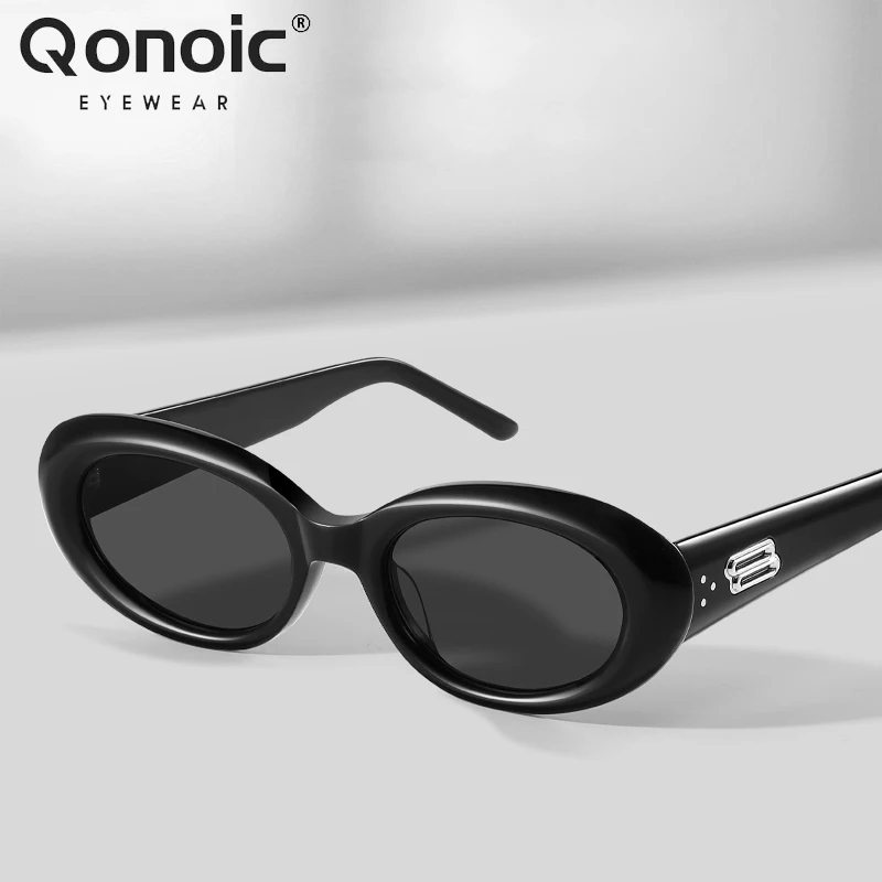 

QONOIC Trendy Oval Sunglasses for Women Acetate Frame Nylon Lens Sun Glasses UV400 Anti-glare New Design Shades AB24123