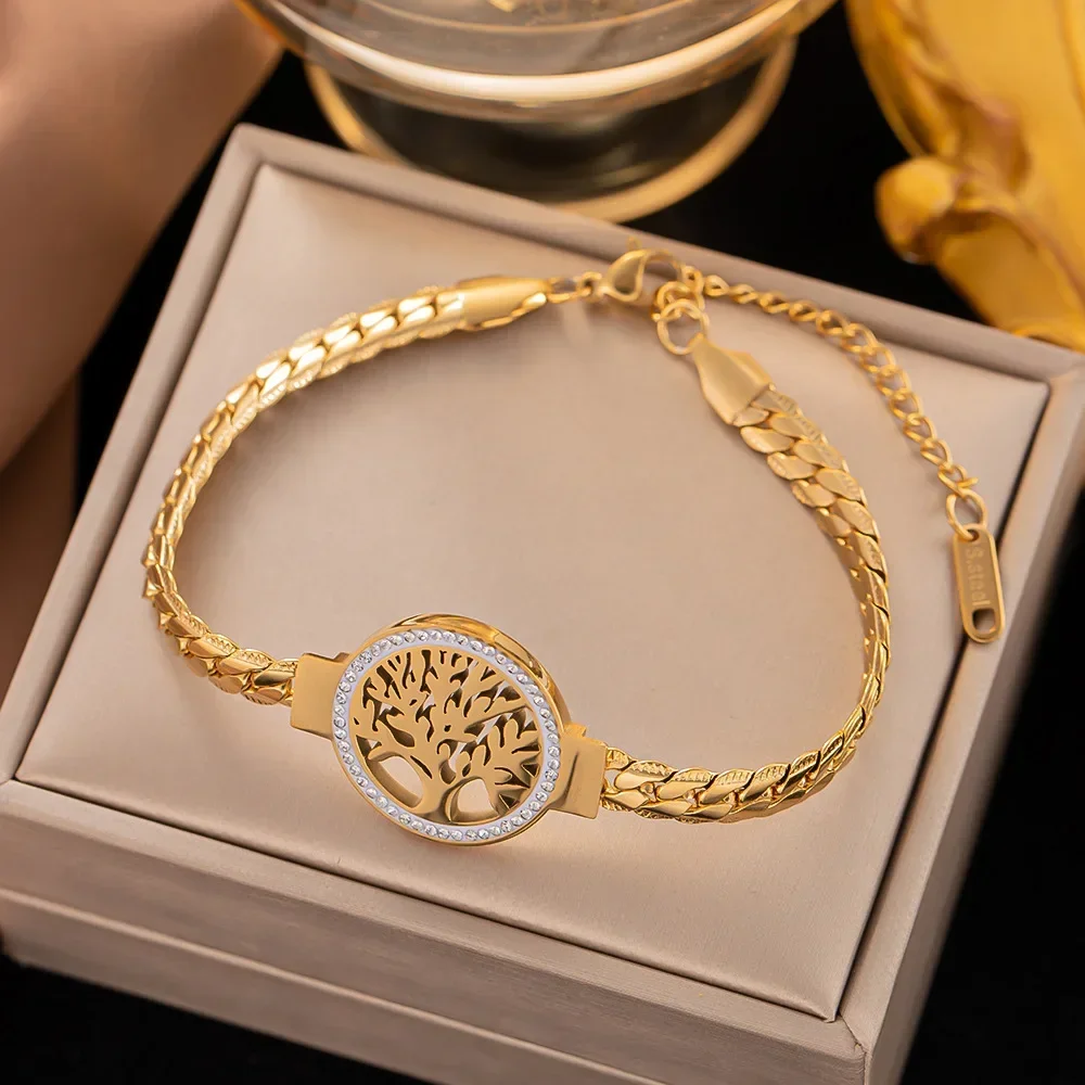 Temperament Personality Gold Color Stainless Steel World Tree Bracelet for Women Luxury Inlay Zircon Bangle Jewelry Accessories