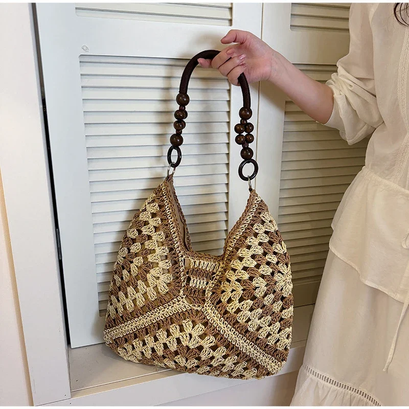 8 Stile Perlenbesetzte Häkel-Strick-Handtasche mit Farbblock-Design, Damen Sommer Hohlgeflochtene Handtasche, Leichte Lässige Strandtasche – Detail 11