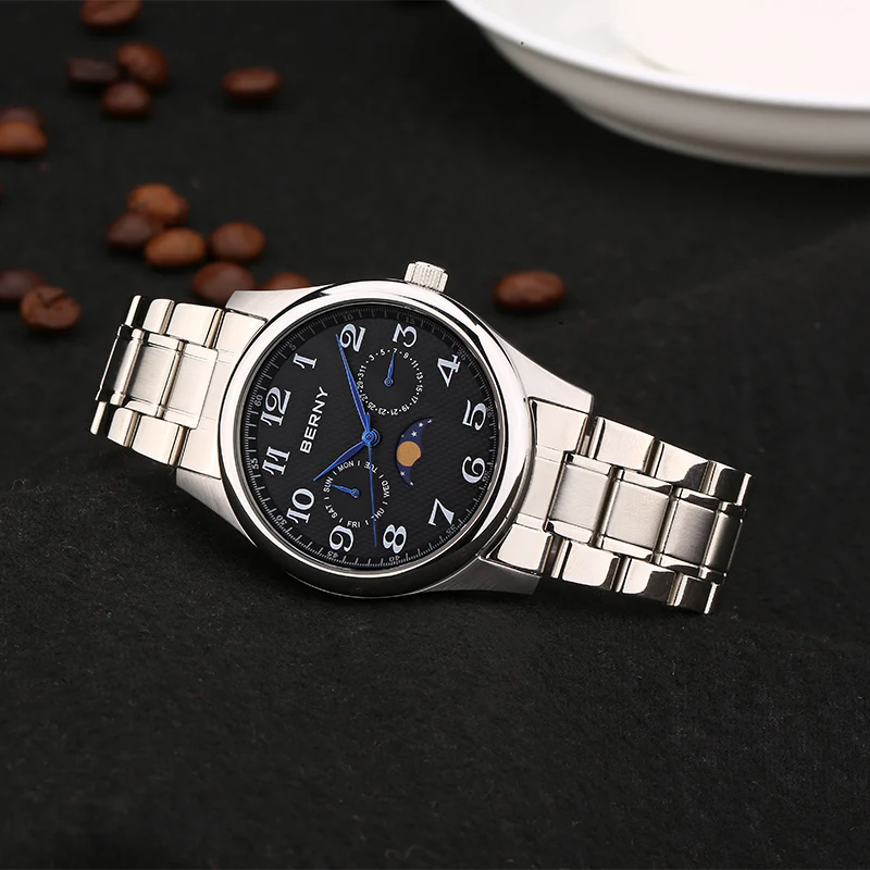 Men Luxury Quartz Watch Japan Movement Waterpoof Gift Business Fashion Chronograph Moon Phase Date and Day Stainless Steel Case