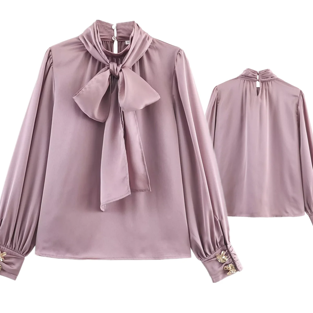 

Maxdutti Autumn Shirts & Blouses Woman Clothes Tops Minimalist Vintage Satin Purple Elegant Scarf Collar Shirt Women Pullover