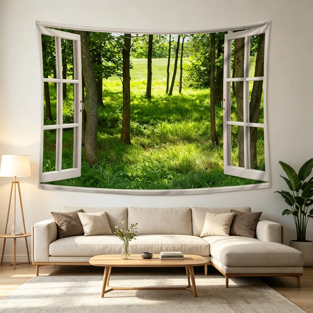 1PC Window Forest Print Backdrop Banner, Bedroom Living Room Photo Background, Polyester Wall Hanging, Home Decor, Wall Art