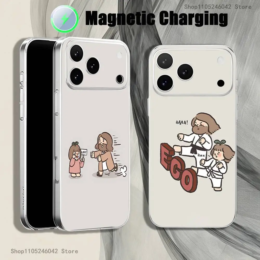 

Funny Cartoon Jesus Girl Transparent White Phone Case For iPhone 17,16,15,14,13,12,11,Pro,Max,Plus Magnetic Wireless Charging