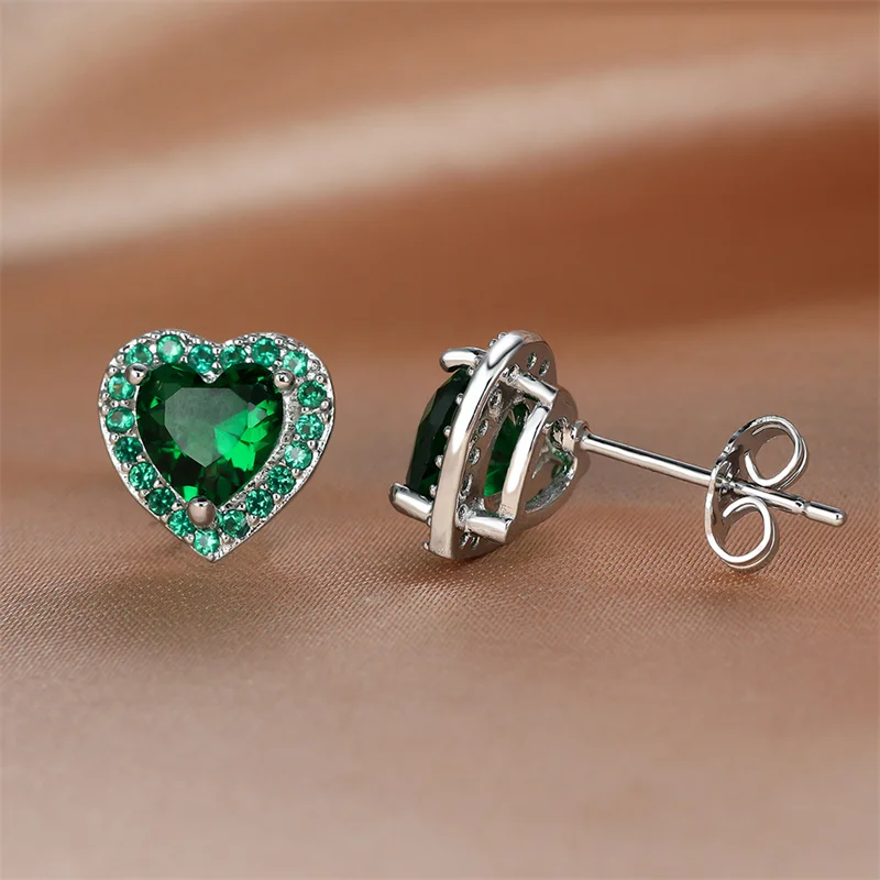 Luxury Female Black/Green/Red/White Stud Earring Fashion Silver Color Small Heart Earrings For Women Vintage Wedding Jewelry