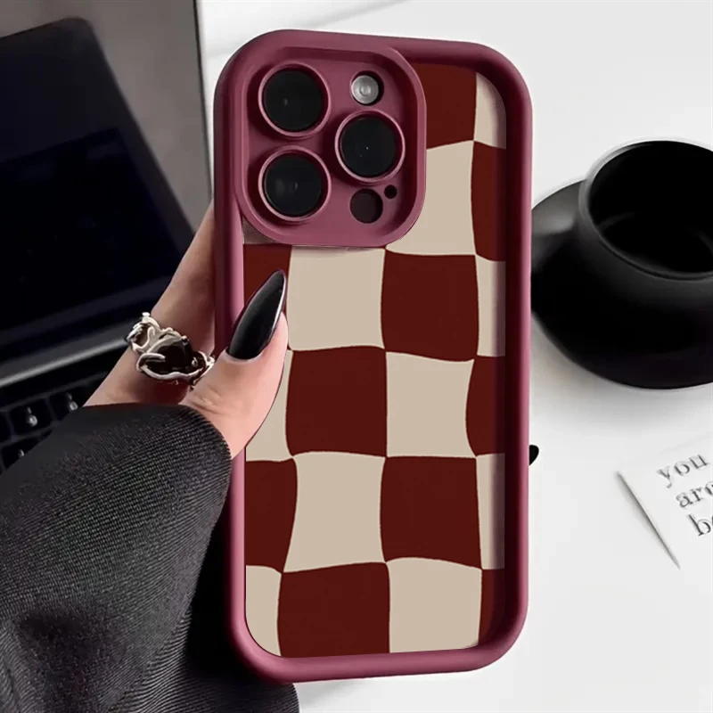 Wine Red Deform Grid Pattern Phone Case for iPhone 17 Air 16 15 14 13 12 11 Pro Max X XS XR 7 8 Plus 16e Shockproof Soft Cover