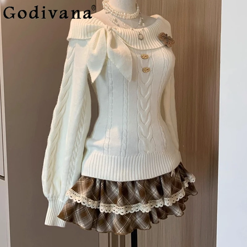 منقوشة تنورة قصيرة مجموعة للنساء الخريف الشتاء خمر نمط الحلو قبالة الكتف سترة الدانتيل المرقعة تنورة السيدات لوليتا الدعاوى #1