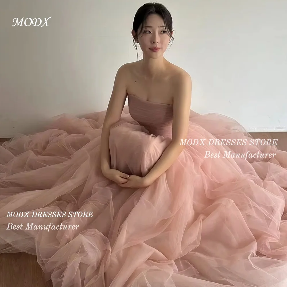 MODX Dreamy Korean Pink Evening Gown Strapless Draped Bodice Multi-Layered Tulle Skirt Floor Length Party Dress Vestidos
