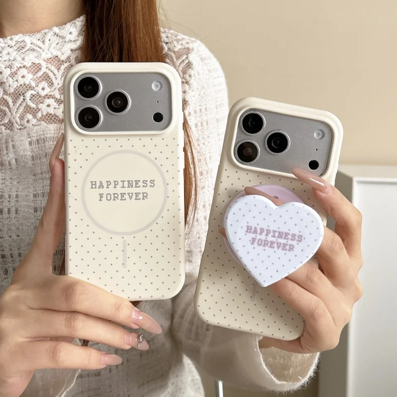 

Simple Beige Polka Dot Magnetic Phone Case For iPhone 17 Pro 15 14 16 Pro Max Cover with Love Heart Shockproof Cases For Magsafe