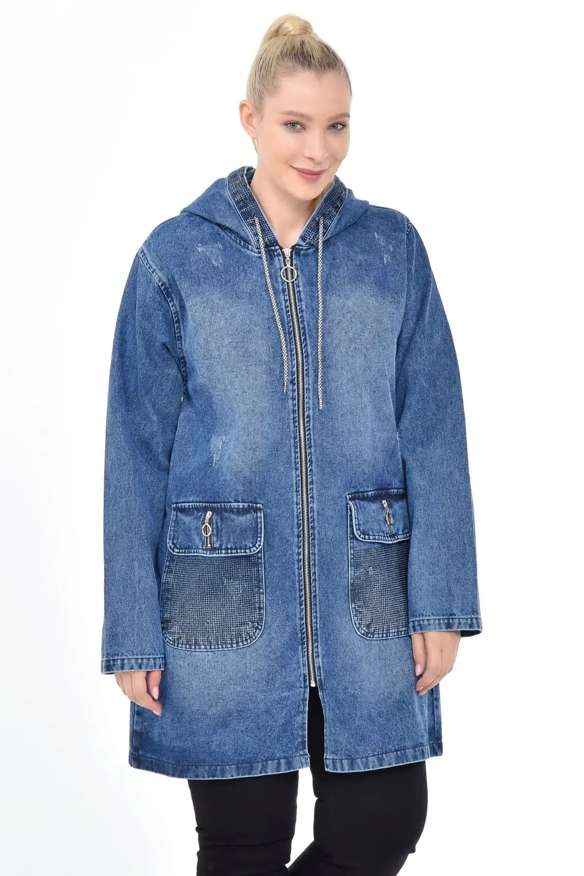 Diaves Plus Size Women Autumn Winter Casual Thick Denim Jacket Loose Hooded Warm Jean Coat Outerwear Turkish Quality