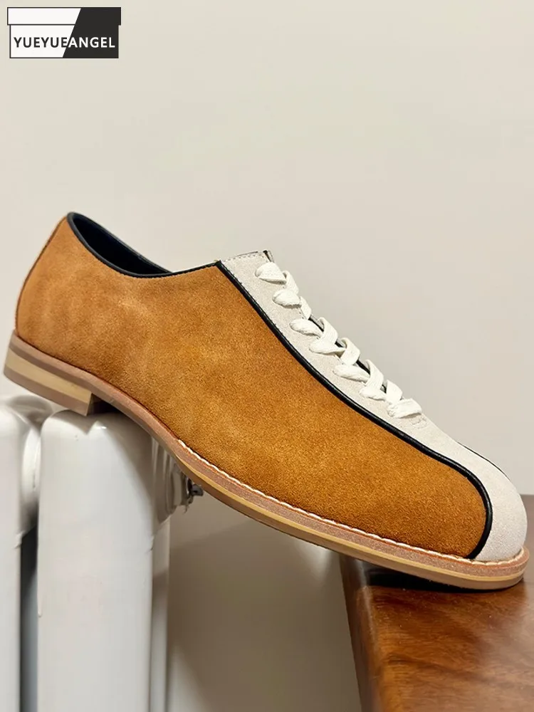 Summer Mens Casual Cow Suede Leather Shoes Mixed Colors Spliced Round Toe Breathable Sneakers Lace Up Fashion Male Flat Footwear