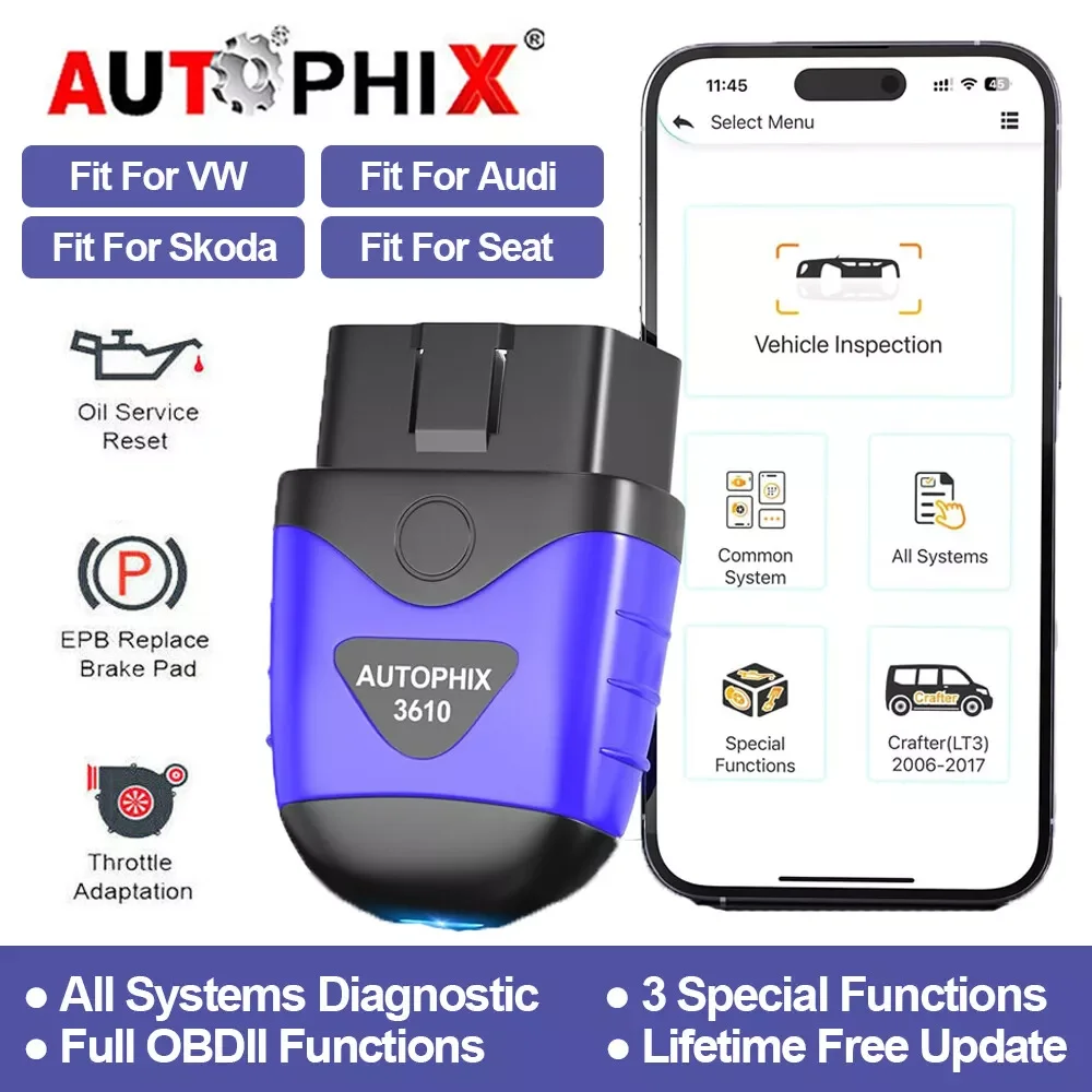 AUTOPHIX 3610 Bluetooth OBD2 Scanner Full Systems Diagnostic Tool OIL EPB TPS for VAG VW Audi Skoda SEAT 12V Cars Code Reader