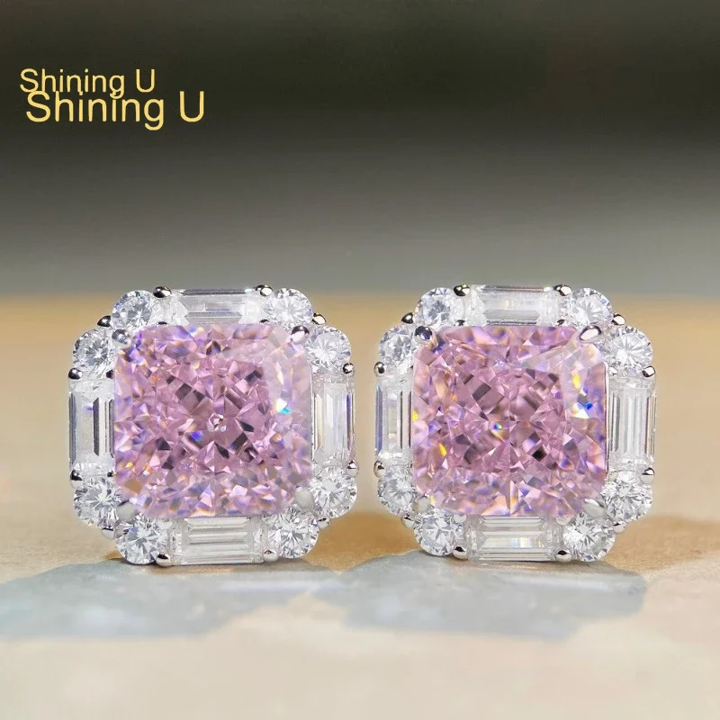 

Shining U S925 Silver Crushed Ice Cut Pink Purple Gems Stud Earrings for Women Fine Jewelry Wedding
