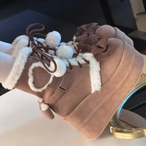 New Cute Snow Boots Heightening Heels Lolita Shoes Bowknots Sweet Height Increasing Shoes Winter