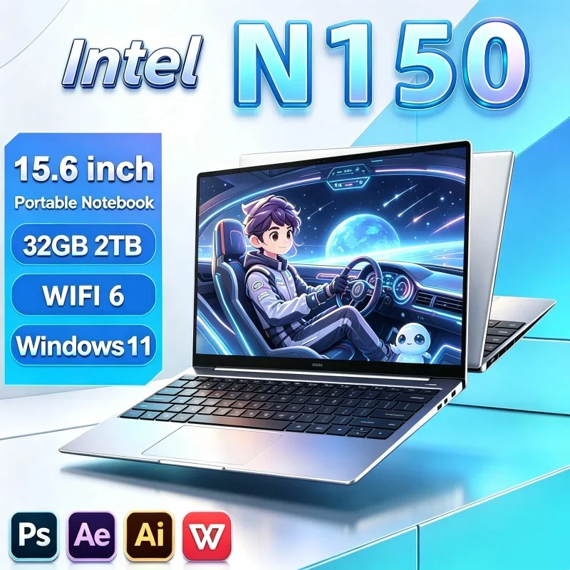 Intel Core N150 15.6 Inch Gaming Laptop 32GB RAM 2TB SSD Fingerprint Unlock WiFi 6 4K Ultrabook Pro Vivid Processing