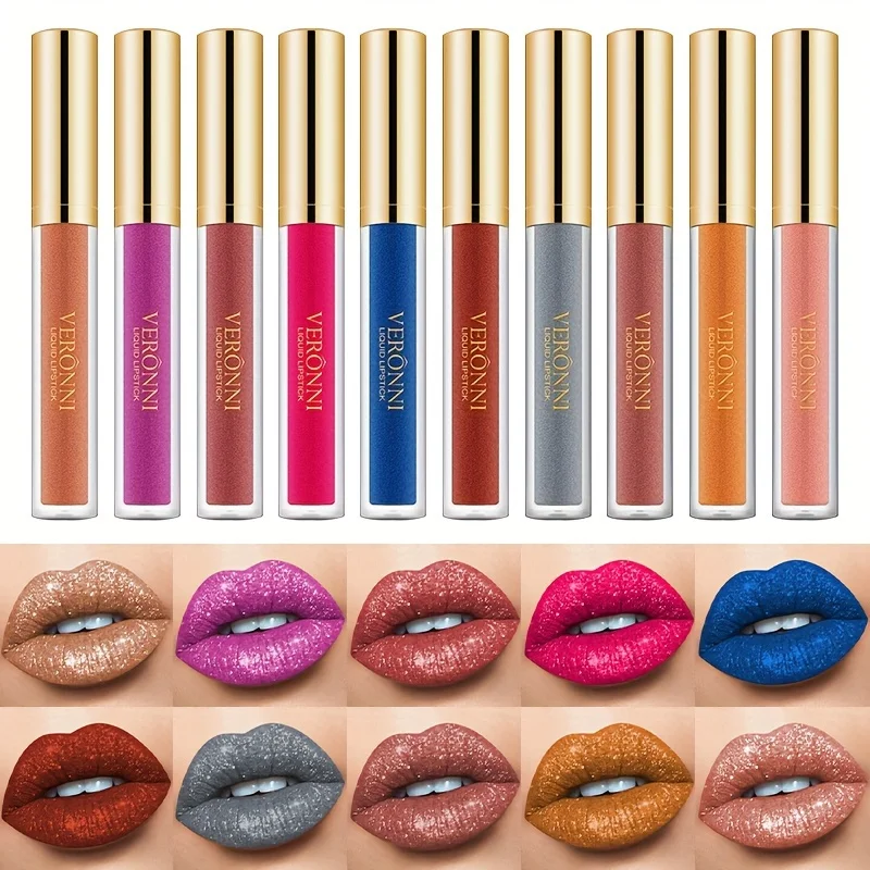 10pcs Diamond Liquid Lipstick Set Gift Glitter Long-Lasting Waterproof Non-Stick Cup Moisturizing Lip Gloss Gifts for Women