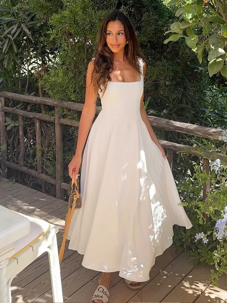 Robe longue blanche élégante à col carré pour femme, robe trapèze, mode féminine, vacances, fête, mariage, été, nouveau, 2025