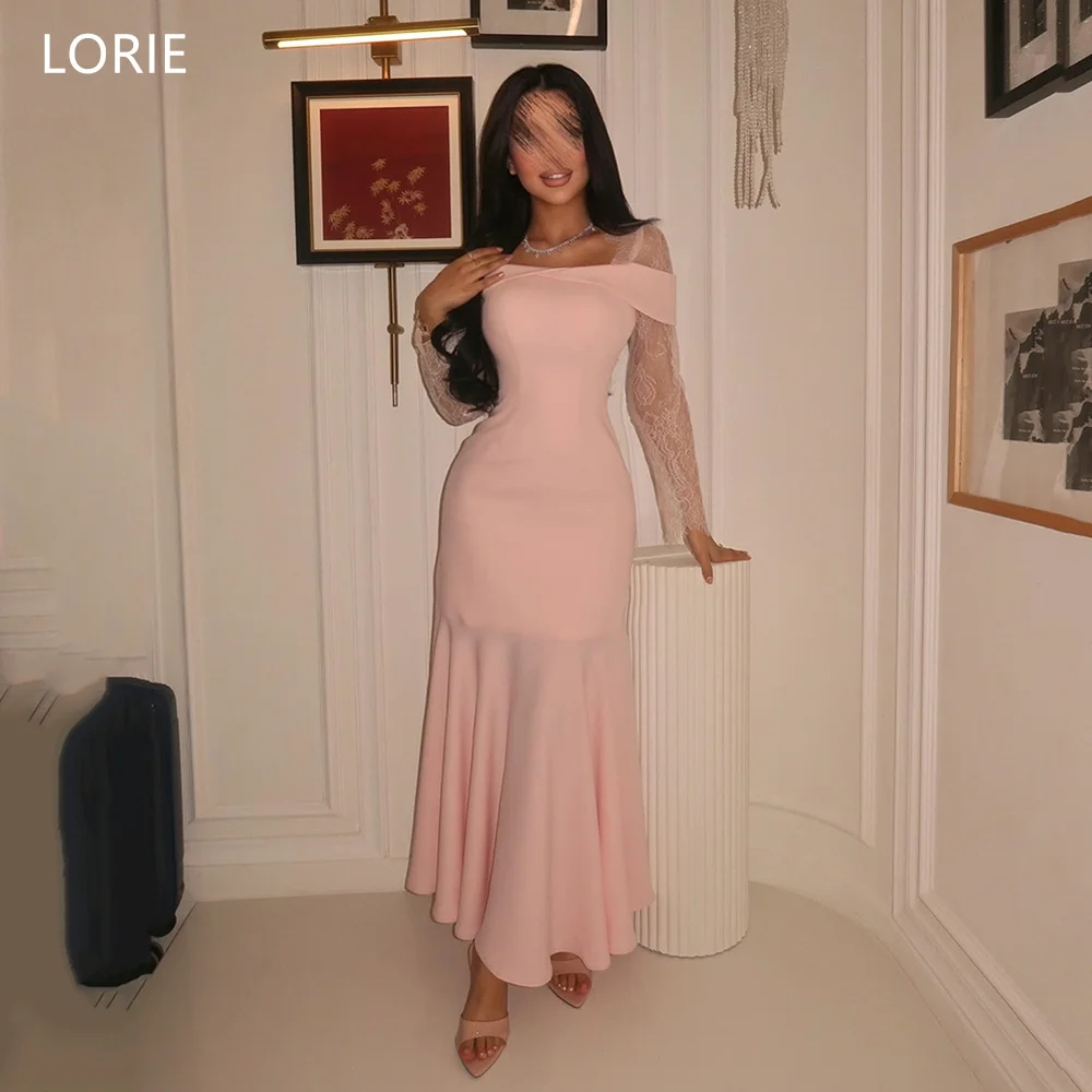 

LORIE Elegant Pink Party Dresses Off The Shoulder Lace Full Sleeves Evening Prom Dress Draped Mermaid Prom Gowns Customized