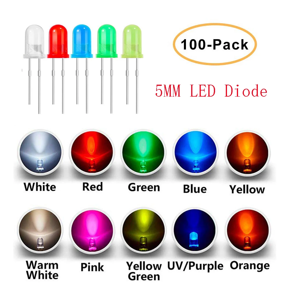 100 sztuk/partia F5 LED dioda 5mm LED Light Assorted Kit DIY ciepły biały czerwony niebieski zielony UV pomarańczowy żółty różowy kolor