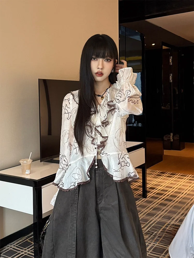 

Retro Print V-Neck Long Sleeve Shirt Women's Summer Thin Micro-Porous Sun Protection Cover up Asymmetrical Open Cardigan Top