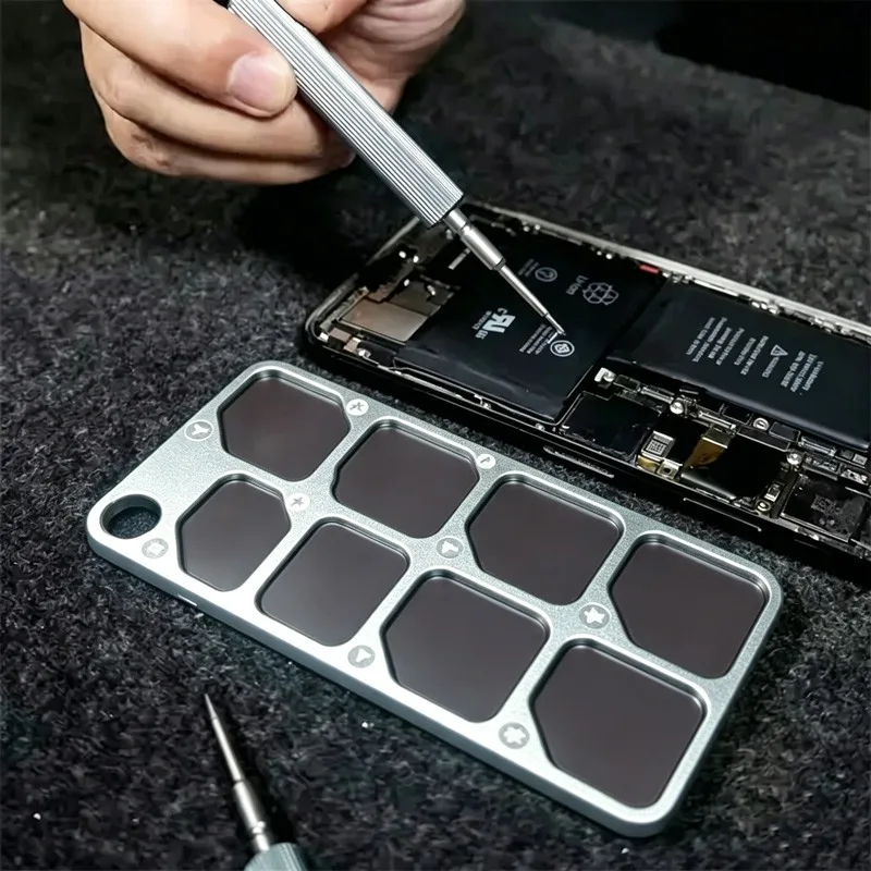 Organizador magnético de piezas de 7 compartimentos, bandeja de aleación de aluminio para tornillos y componentes de reparación de teléfonos 4