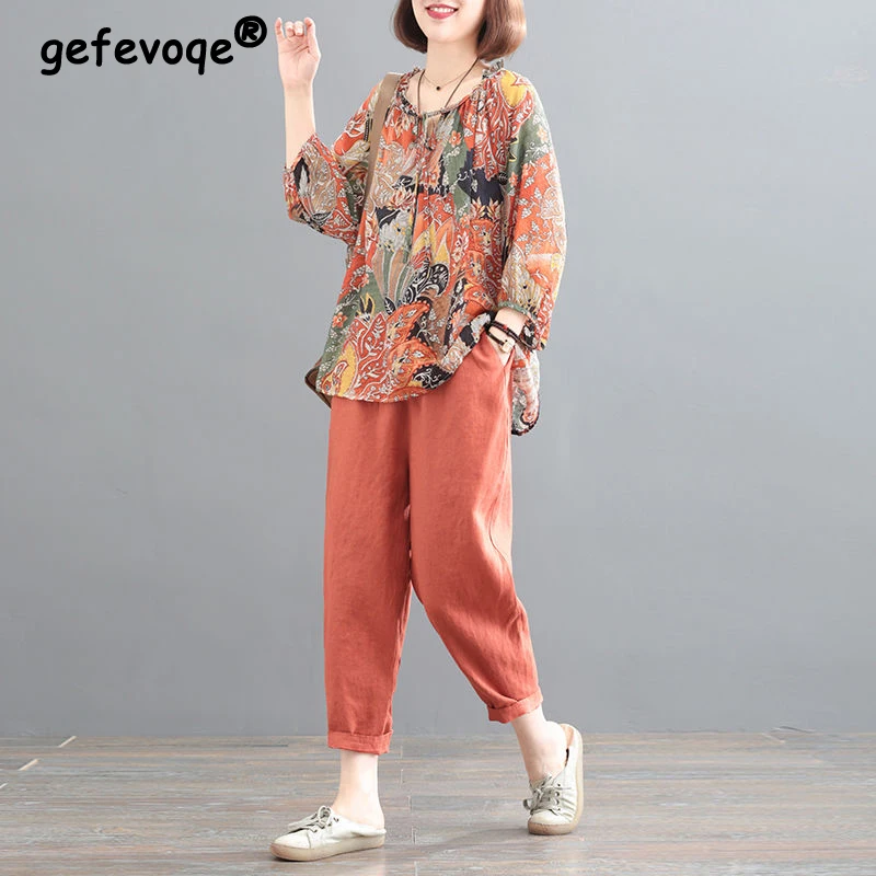 Summer Loose Casual Cotton Linen Floral Printing Lace Up Shirt Elastic Waist Vintage Solid Color Pants Set Women Blouse Trousers