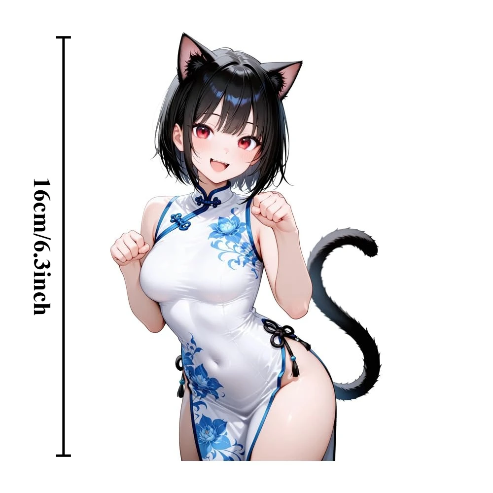 1Pc 2D Flat Anime Cat Girl Qipao Vinyl Sticker, Waterproof Decal for Car Motorcycle Camper Decor, Holiday Gift