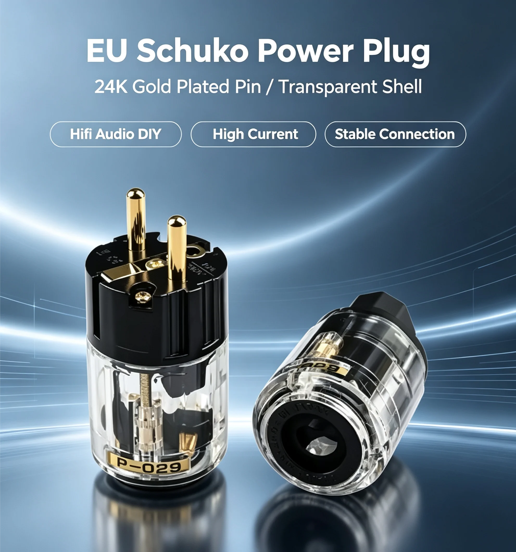 HHDZI P-029 EU Schuko Power Plug 24K Gold Plated Pin Transparent Shell DIY Hifi Audio Power Connector
